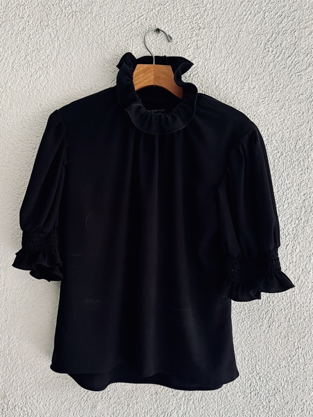 KATHARINE KIDD Black Ruffle-Neck Blouse with Smocked Sleeves